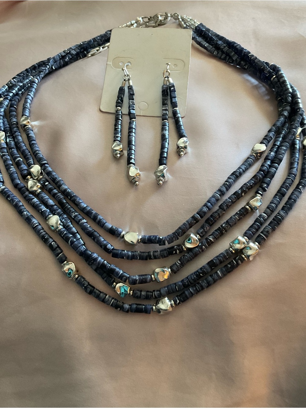Boho Multi-Strand Navy and Silver-tone Beaded Necklace with Matching Earrings